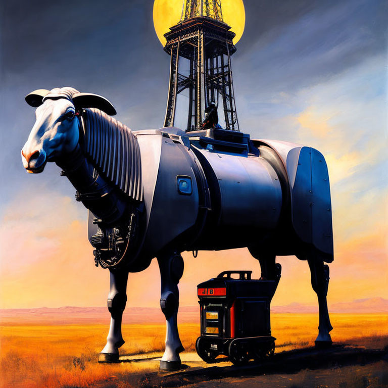 Surreal painting: Mechanical sheep with observation tower on back