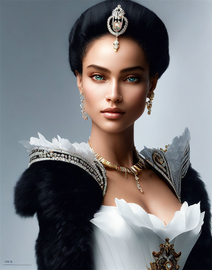 Regal woman digital artwork with green eyes and elegant attire