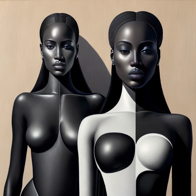 Monochrome stylized female figures on wood-grain background