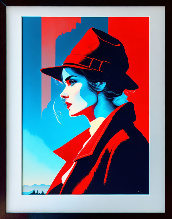 Colorful Stylized Woman in Red Hat and Coat Against Blue Background on Wall