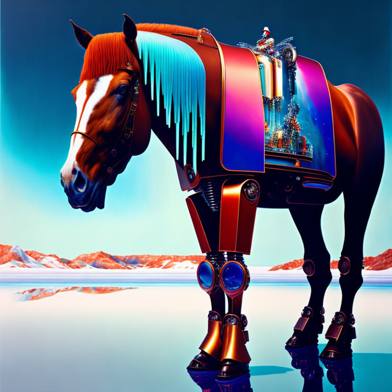 Colorful robotic horse in surreal desert landscape