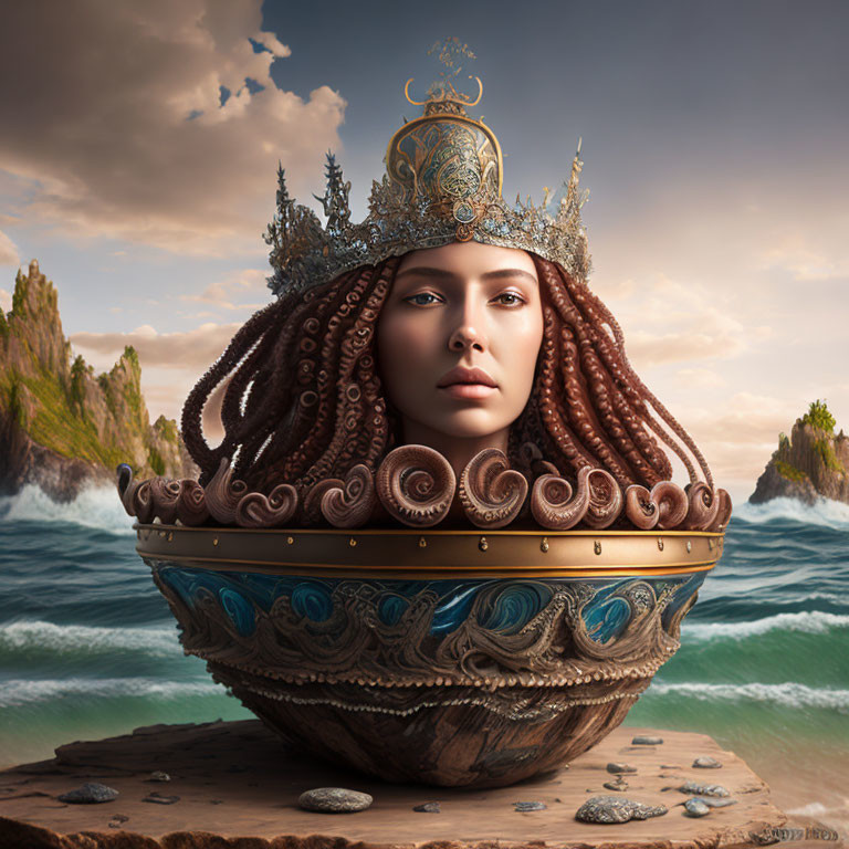 Woman's head transforms into ornate ship with maritime headdress against oceanic backdrop