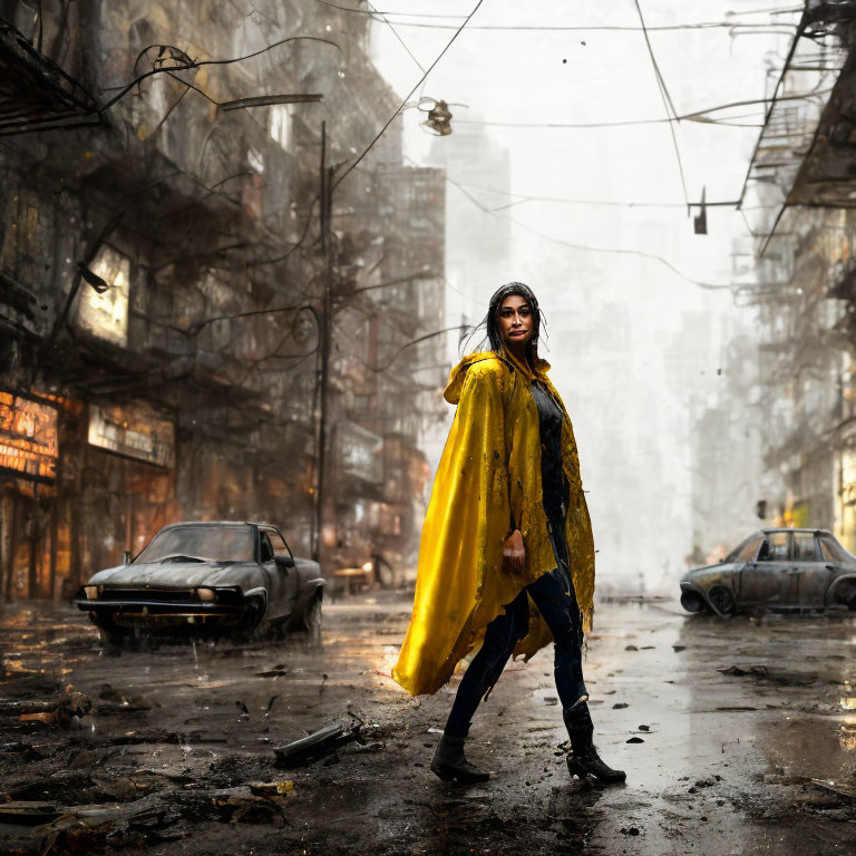 Confident woman in yellow cloak in urban wasteland