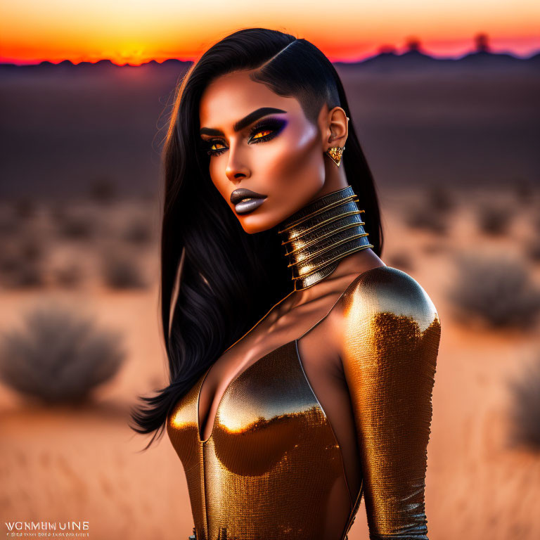 Bold makeup and gold body paint on woman in desert at sunset