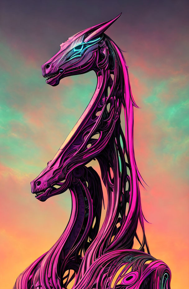 Vibrant stylized robotic dragon against colorful sky background