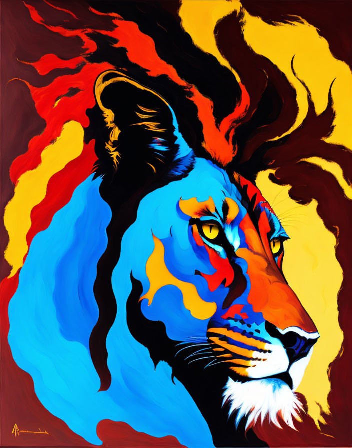 Colorful Abstract Lion Painting with Flowing Mane