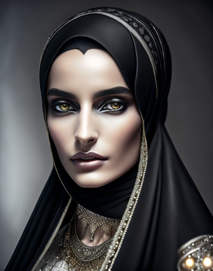 Detailed Digital Portrait of Woman in Black Hijab & Embellished Clothing