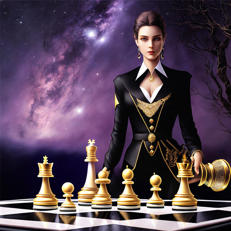 Illustrated woman in elegant suit on cosmic backdrop with oversized chess pieces.