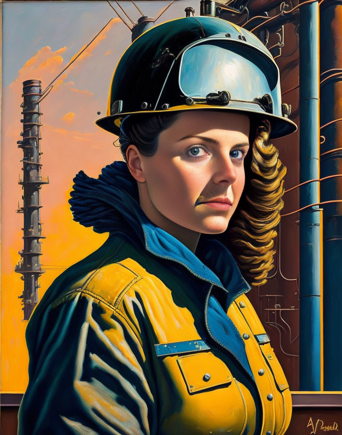 Portrait of Woman Firefighter in Uniform with Helmet Against Industrial Sunset Sky