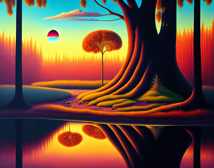 Vibrant surreal landscape with oversized tree and red sunset reflections