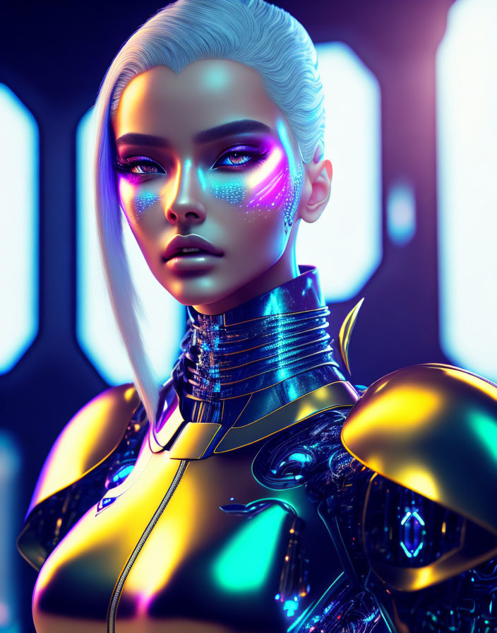 Futuristic female robot with platinum hair and glowing blue makeup in golden armor