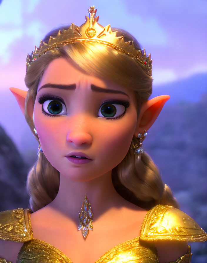 3D animated character with big green eyes and golden tiara in gold attire, looking concerned against dus