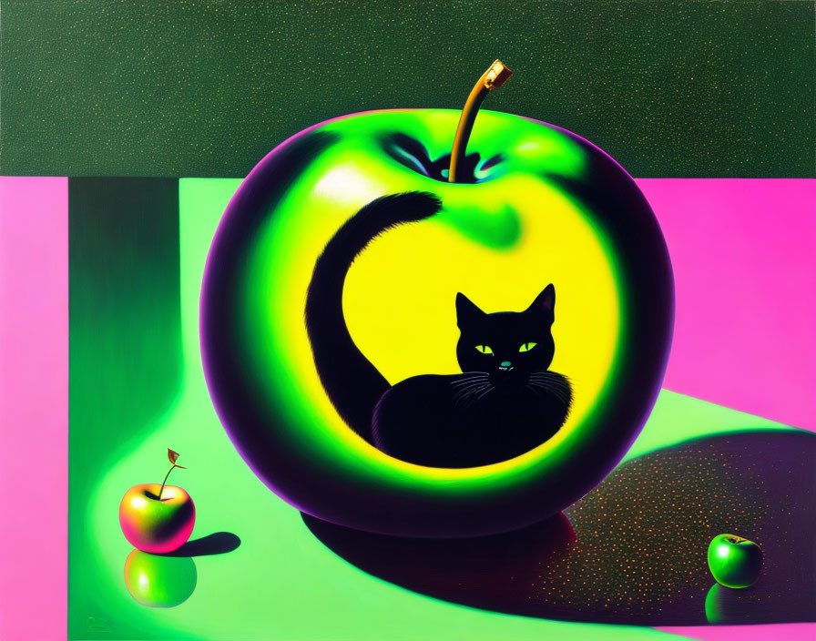 Surreal painting featuring shiny green apple with black cat silhouette on pink and green background