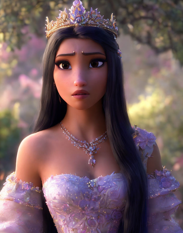 3D animated princess with long hair, crown, pink dress, and floral decorations against blooming tree