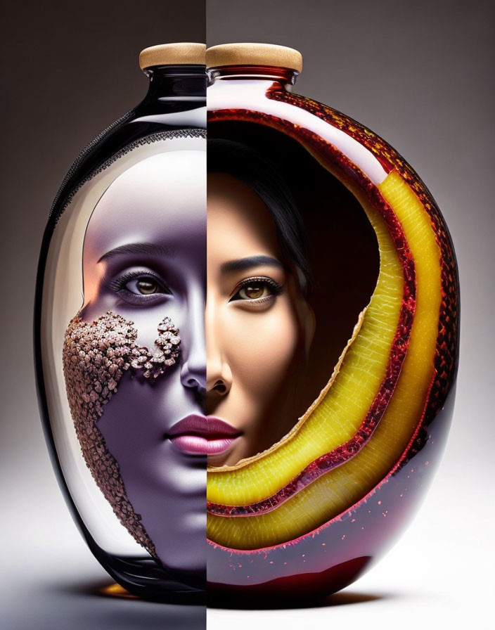 Surreal image: Woman's face merges with fruit, spices, liquids