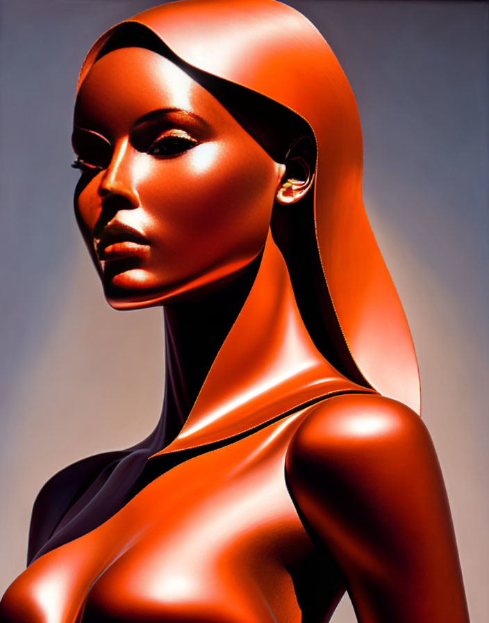 Digital Art: Female Figure with Metallic Skin and Orange Hue