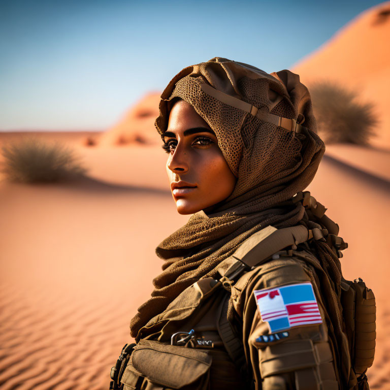 Female soldier in headscarf at desert sunset.