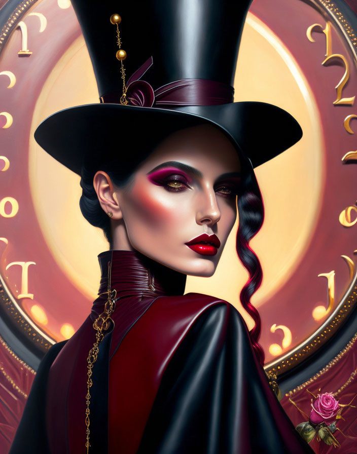 Woman with Striking Makeup in Top Hat Among Clock Numbers and Rose