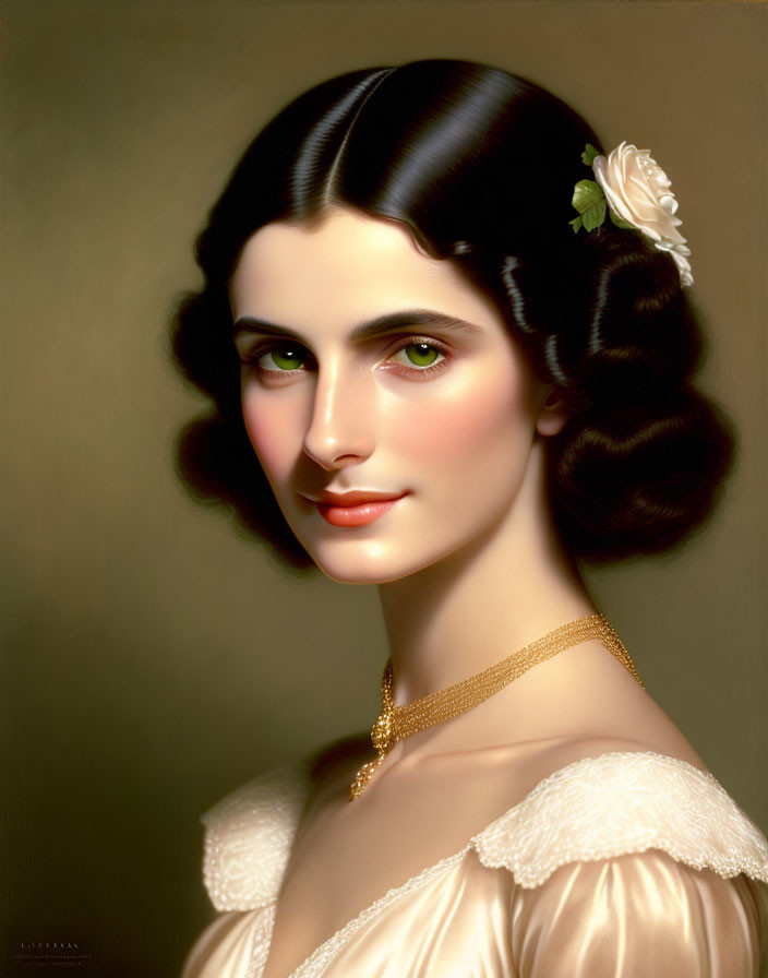 Woman with Dark Hair in White Dress and Flower - Serene Portrait