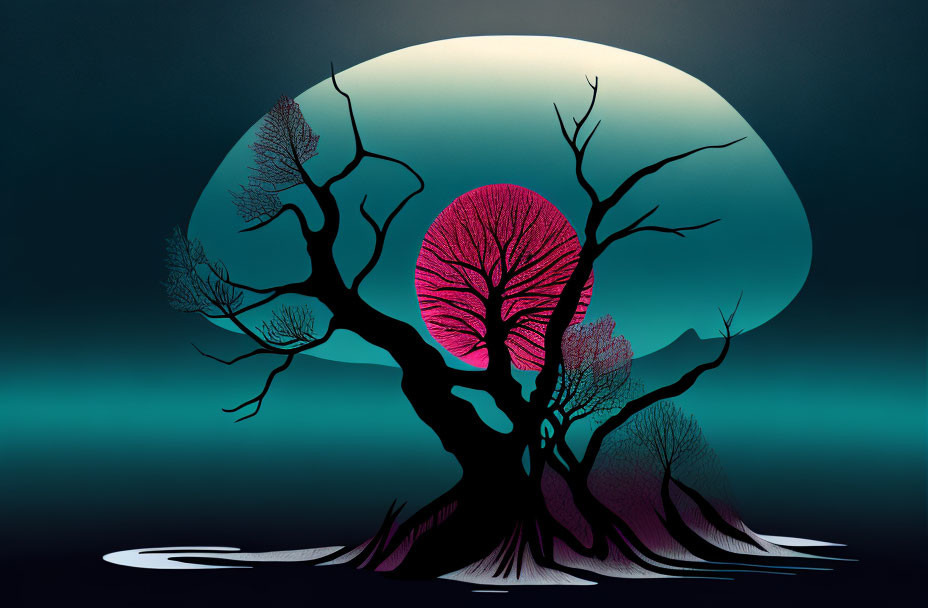 Stylized graphic of tree with bare branches against large moon in yellow to teal gradient