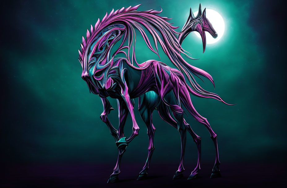 Colorful mythical horse digital artwork against full moon backdrop