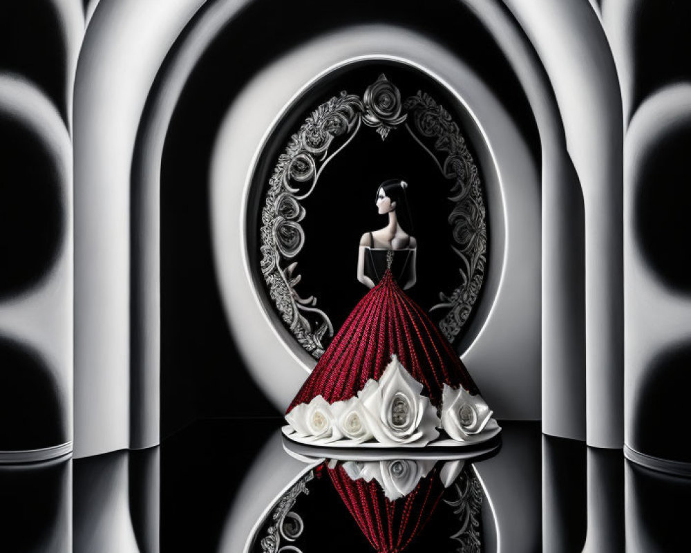 Woman in red and black gown in surreal mirrored hallway with floral patterns