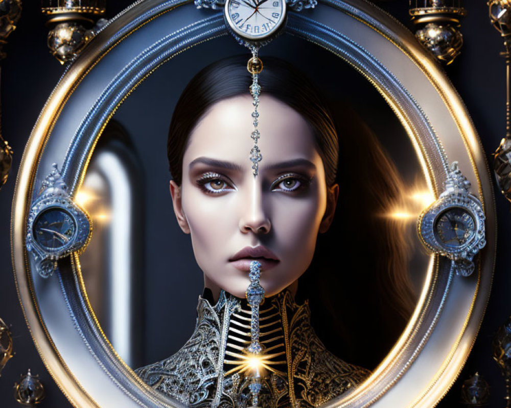 Symmetrical portrait of a woman with ornate headgear, clock, candles, dark aesthetic