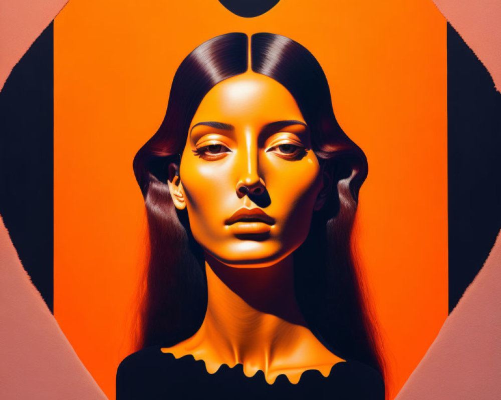 Symmetrical portrait of woman with sleek hairstyle and striking gaze on orange and black background in peach circle