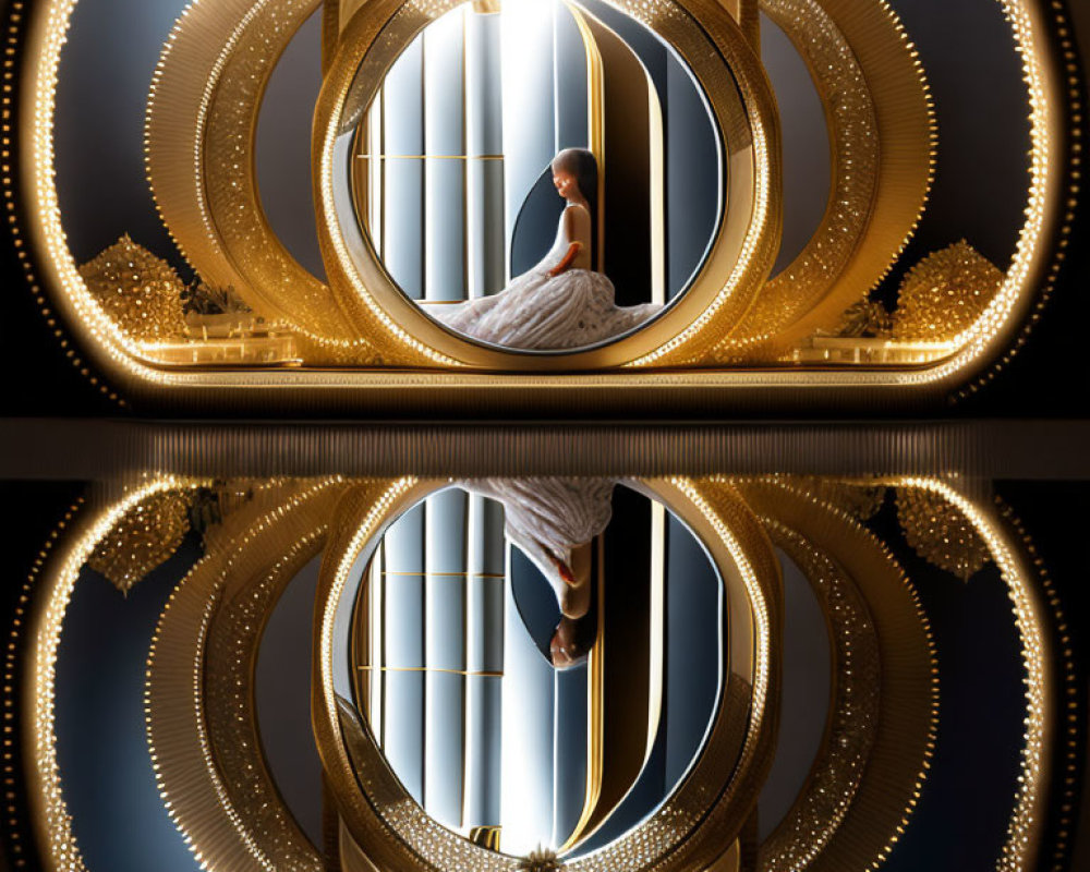 Circular room with golden structures and reflections: A woman sitting in a surreal setting