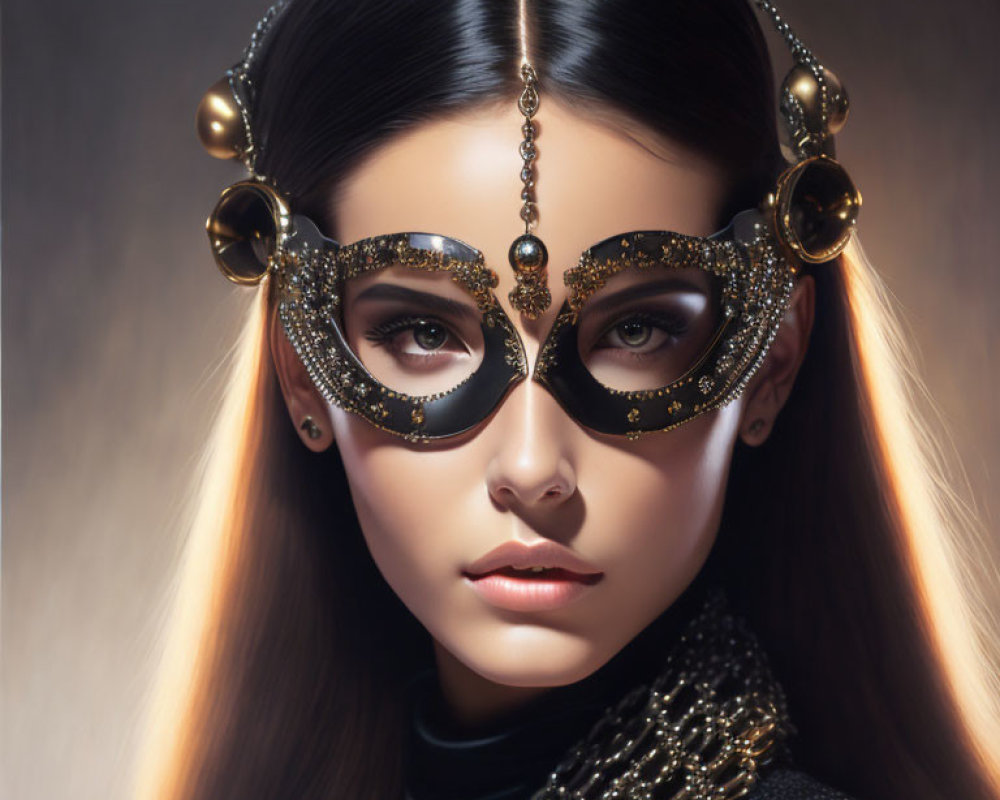 Woman with Striking Makeup and Ornate Gold Mask Eyewear, Chains and Beads