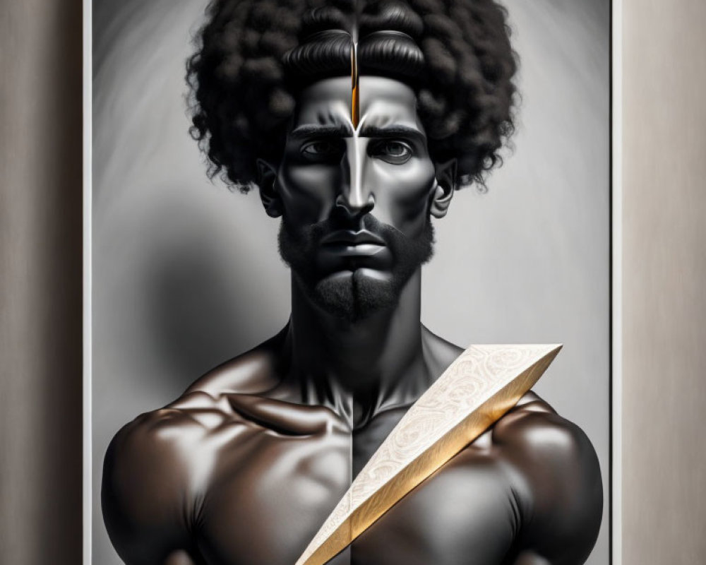 Split Portrait of a Man with Sword in Digital Art