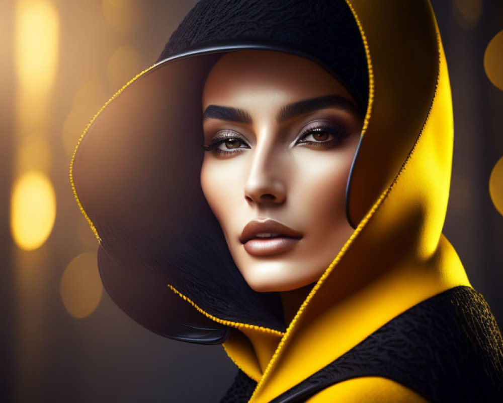 Woman in Striking Makeup with Yellow Headscarf and Black Outfit on Blurred Golden Background