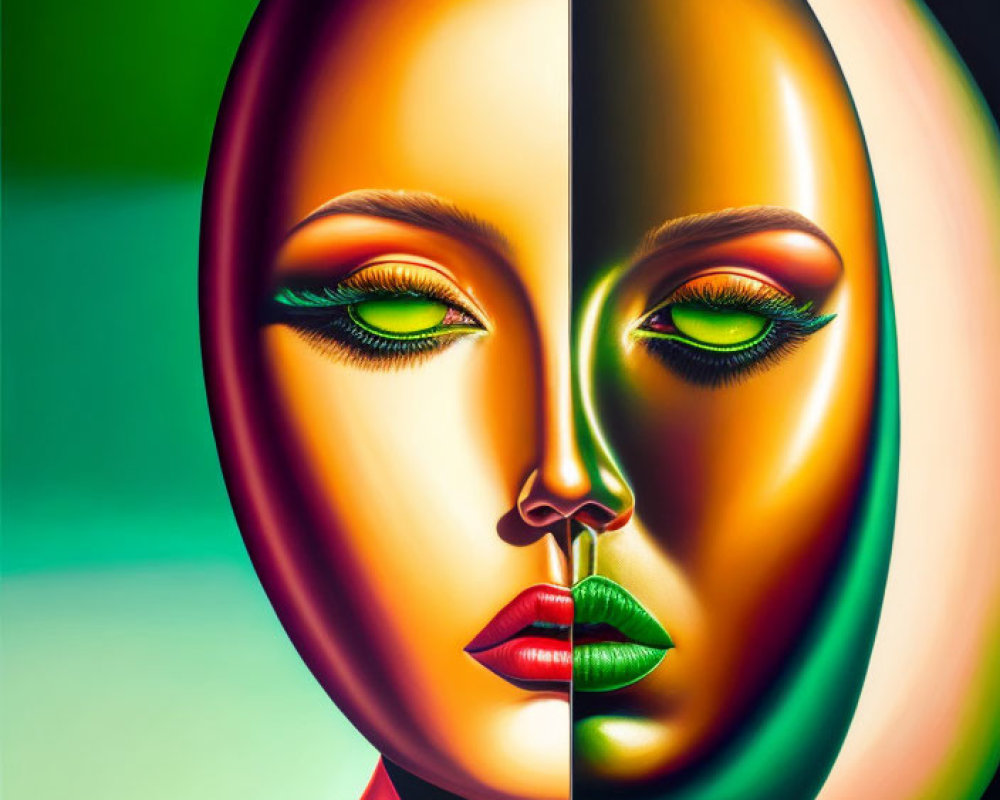 Colorful split-face abstract painting with warm and cool tones and detailed eyes