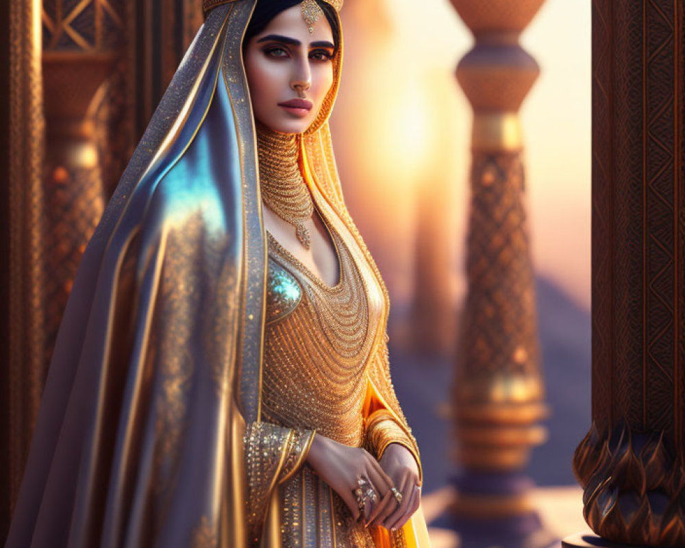 Regal woman in golden attire with blue cape in ornate sunlit corridor