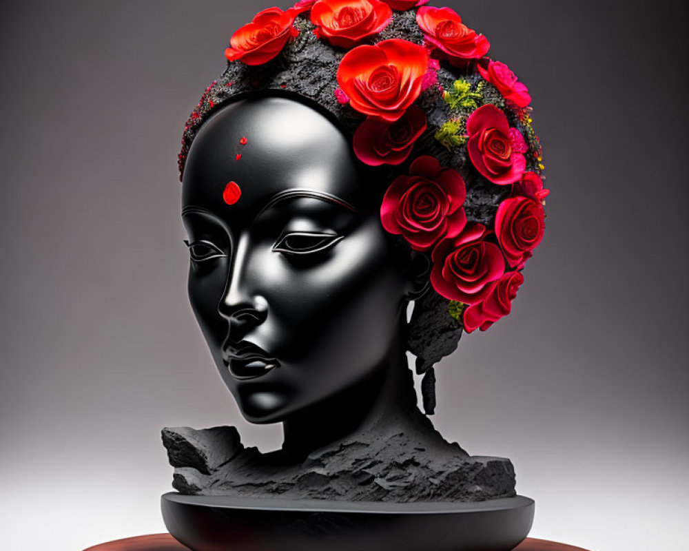 Stylized female bust with red bindi and floral adornments on wooden base