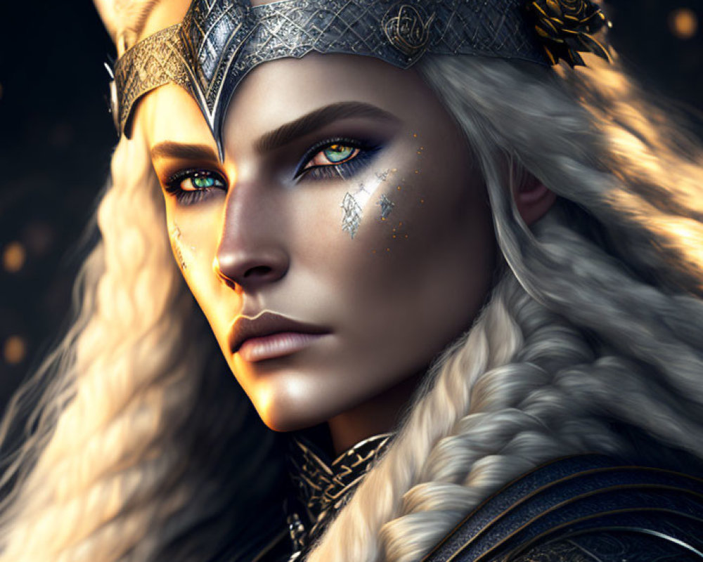 Fantasy elf woman with green eyes and silver armor