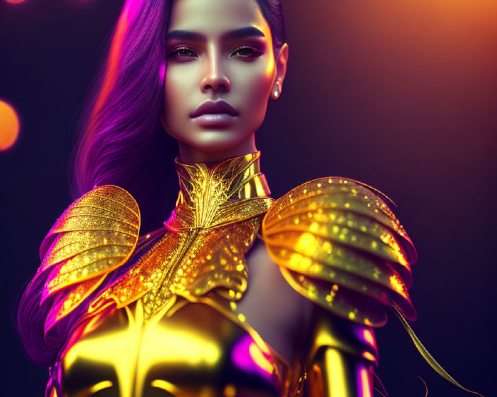 Purple-haired woman in gold futuristic armor on dark background with glowing lights