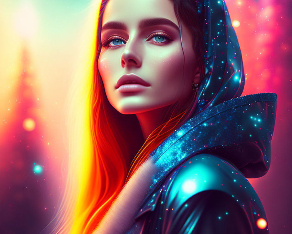 Digital artwork: Woman with blue eyes and red hair in cosmic hooded garment on neon backdrop