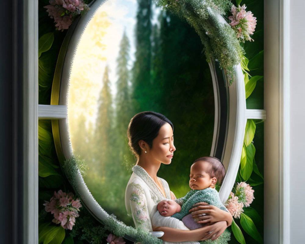 Mother holding sleeping baby in oval mirror with greenery background