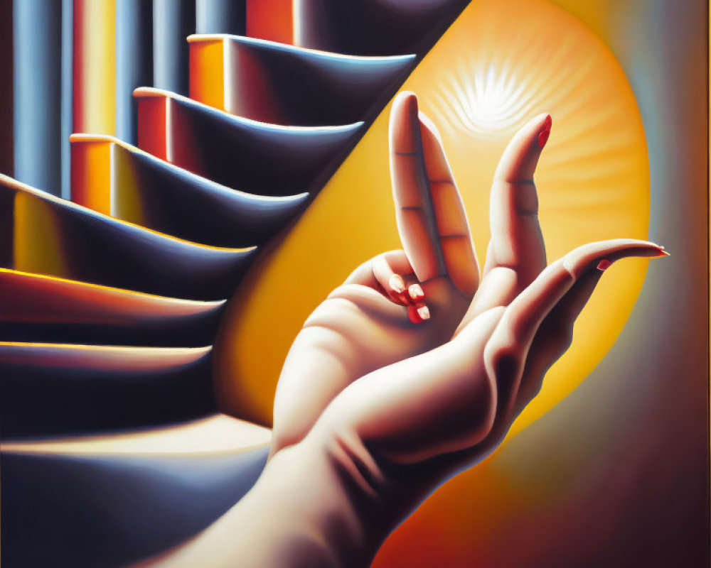 Surreal painting of hand making peace sign with elongated fingers, curved staircases, and radiant