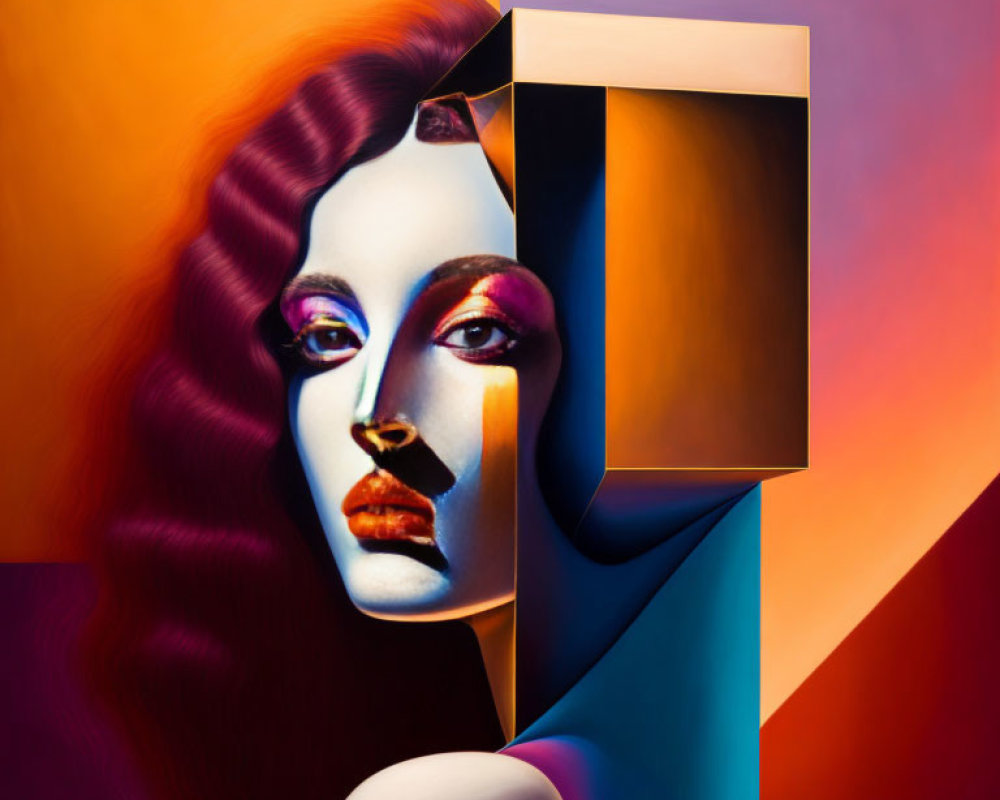 Abstract Surrealistic Painting of Woman's Face with Vibrant Colors and Geometric Shapes