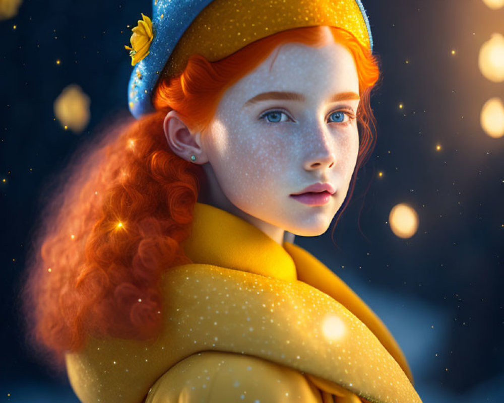 Red-haired girl in yellow cloak with starry crown in magical snowflake backdrop