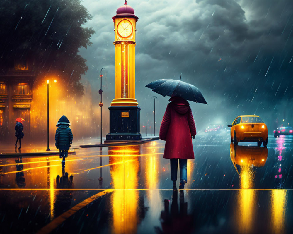 Person in red coat with child walking on wet street under twilight rain.