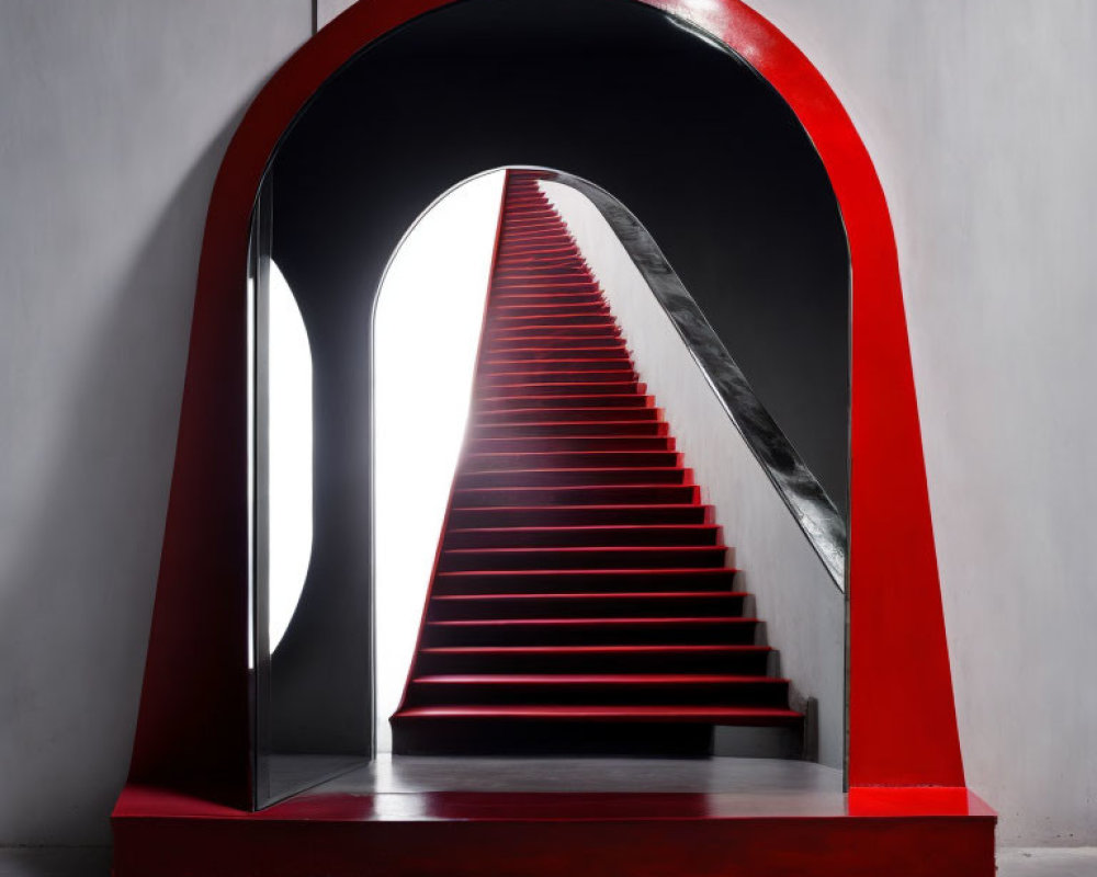 Modern Red Staircase with Arched Entrance and Illuminated Top