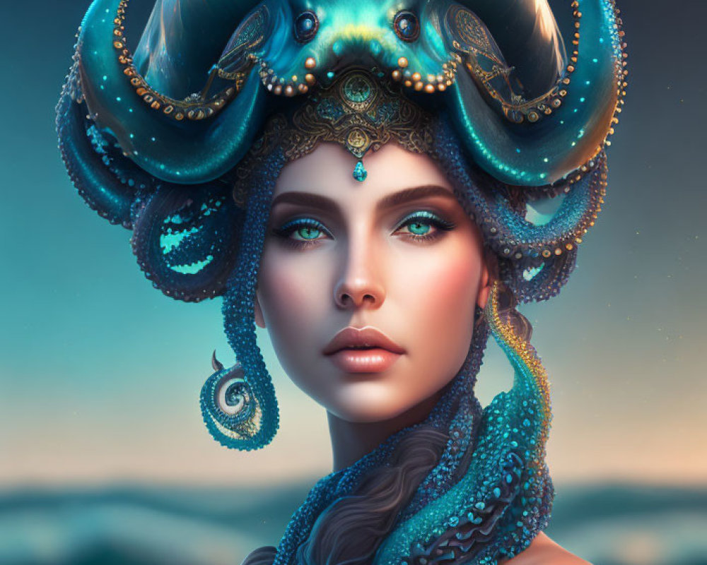 Luminous woman with octopus-themed headdress in oceanic setting