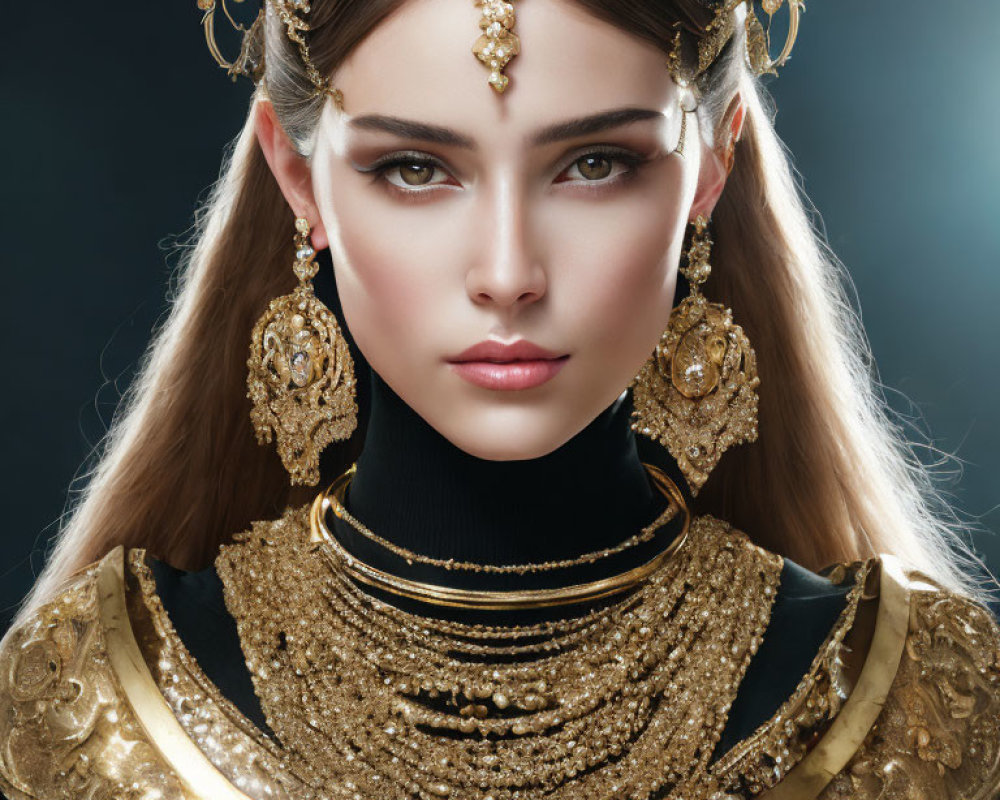 Elaborate gold jewelry on woman against dark background