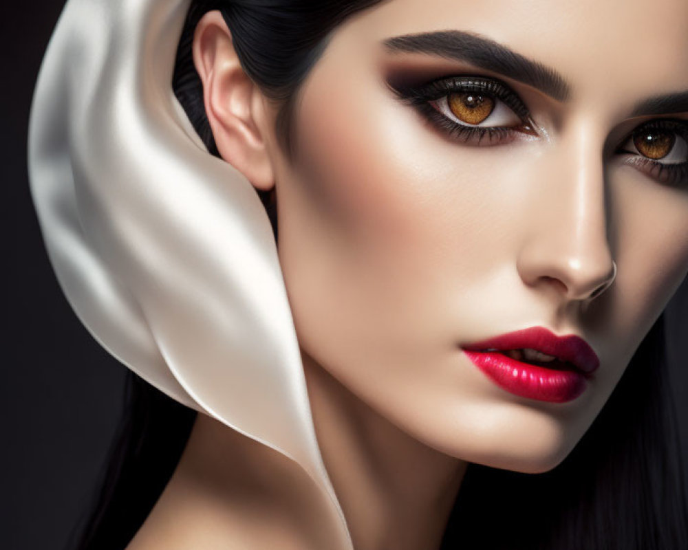 Woman with Striking Makeup: Bold Eyebrows, Bronze Eyeshadow, Red Lipstick