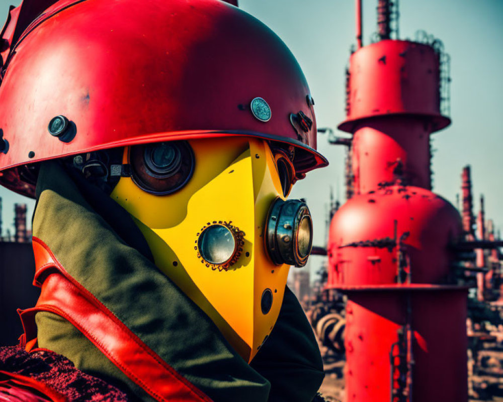 Vibrant yellow and red futuristic helmet with gas mask in industrial setting