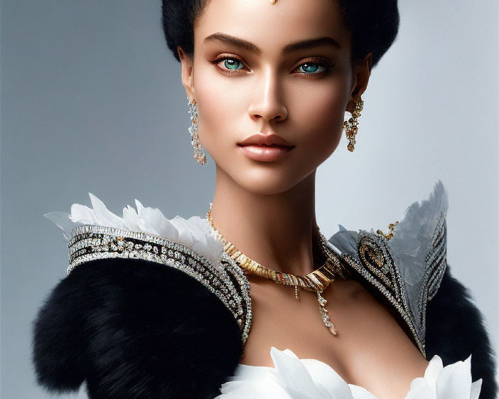 Regal woman digital artwork with green eyes and elegant attire