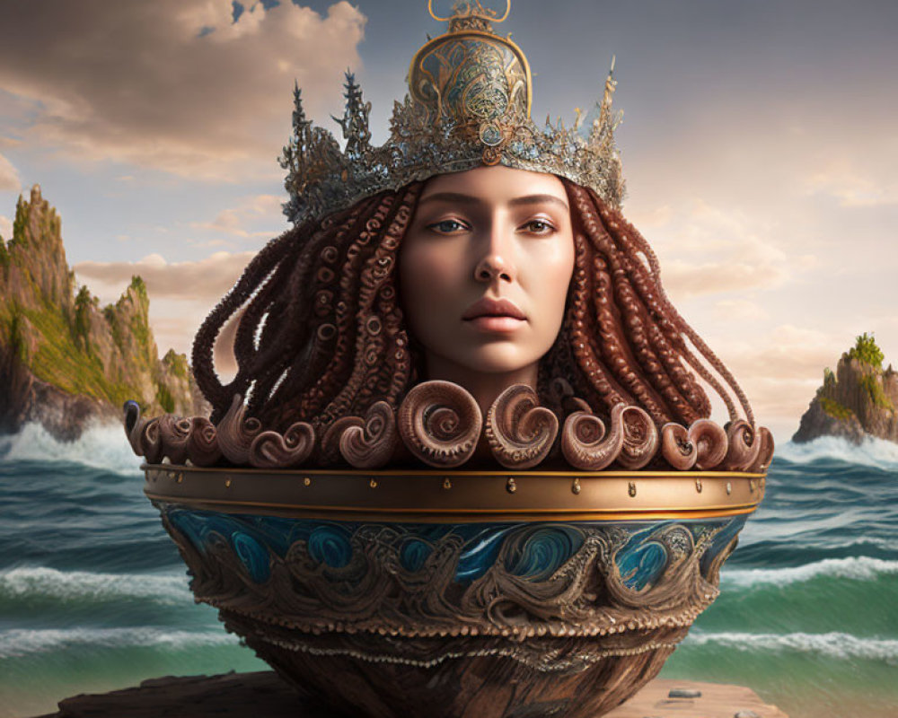 Woman's head transforms into ornate ship with maritime headdress against oceanic backdrop